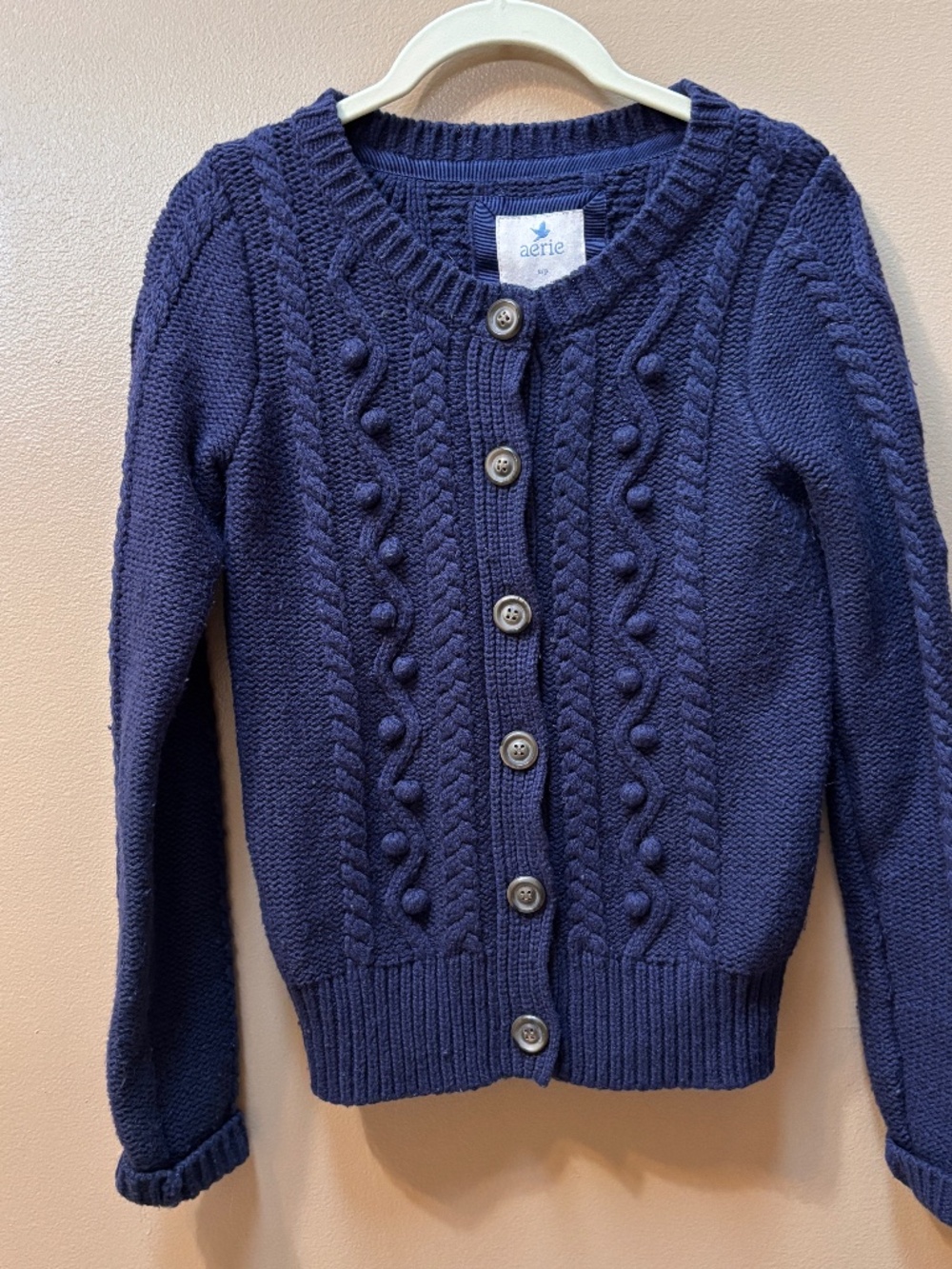 Aerie Vintage Y2K Navy Blue Wool Blend Long Sleeve Cable Knit Cardigan Sweater